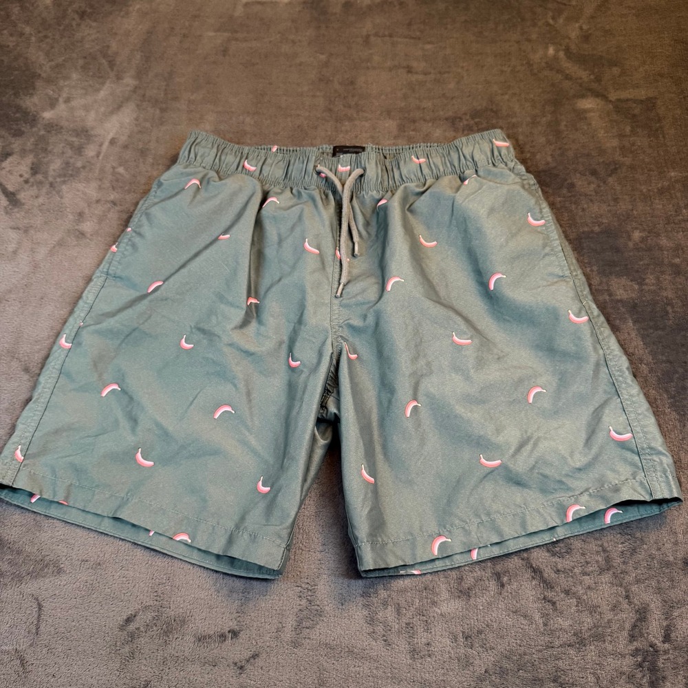 H&M Banana Print Swim Trunks Mens Medium Green Mesh Lined Beach Shorts